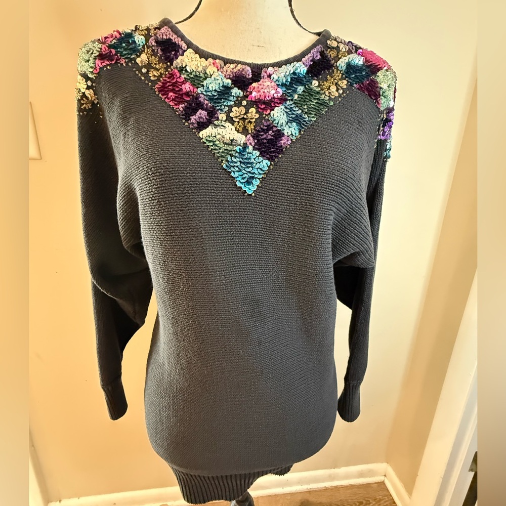 Victoria Jones vintage sequined black knit sweater SZ SM FLAW - Picture 2 of 13